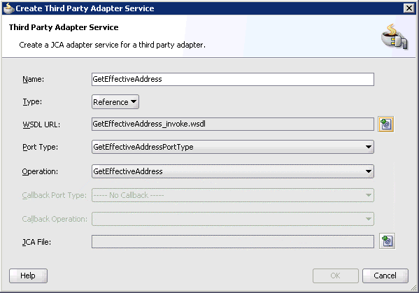 Create Third Party Adapter Service dialog box Create Third Party Adapter Service dialog box