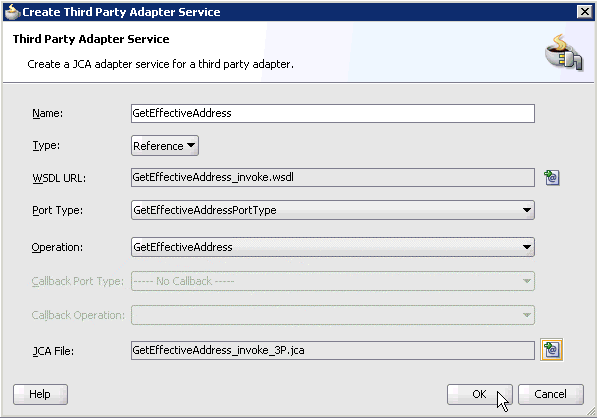 Create Third Party Adapter Service dialog box Create Third Party Adapter Service dialog box
