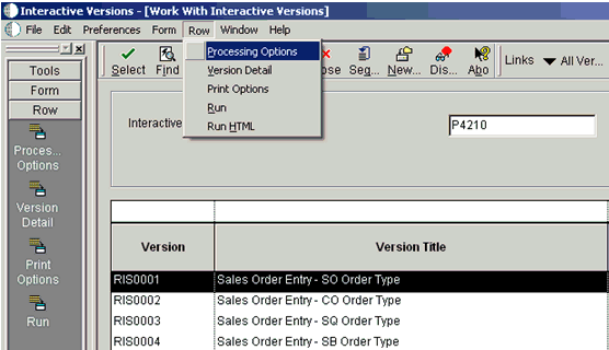 Interactive Versions window Interactive Versions window