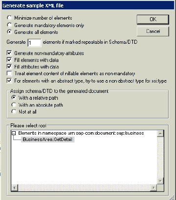 Generate Sample XML File dialog Generate Sample XML File dialog