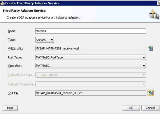 Create Third Party Adapter Service dialog box Create Third Party Adapter Service dialog box