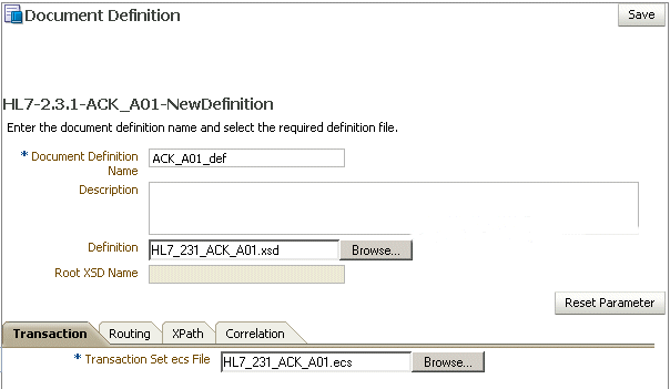 Document definition parameters for an HL7 document Document definition parameters for an HL7 document