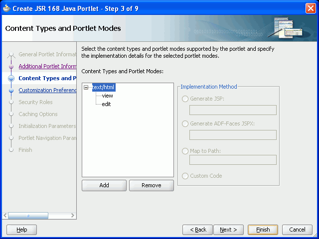 Shows Content Types and Portlet Modes page. Shows Content Types and Portlet Modes page.