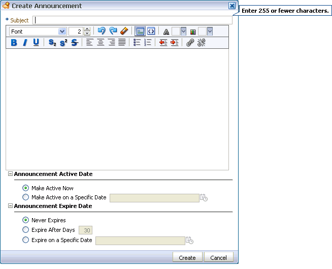 Create Announcement dialog box Create Announcement dialog box