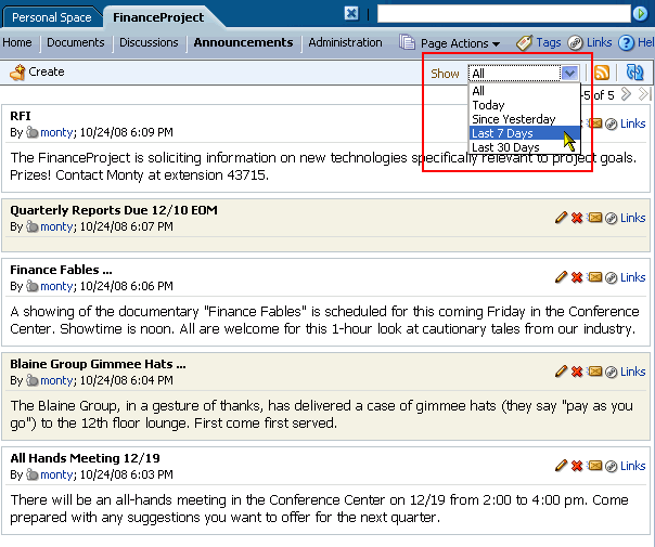 Show drop-down menu on Announcements page Show drop-down menu on Announcements page