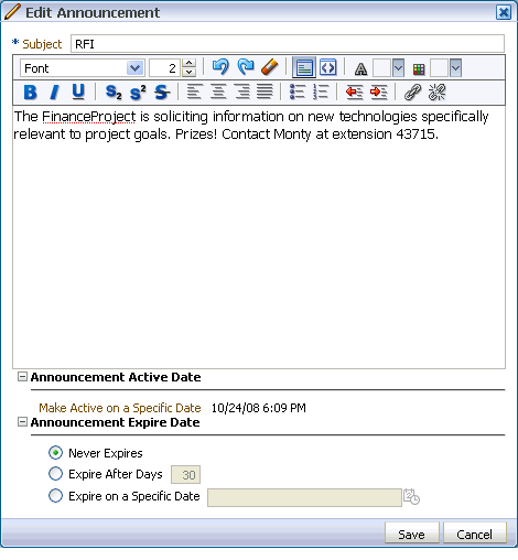 Edit Announcement dialog box Edit Announcement dialog box