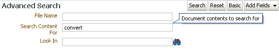 Advanced Search panel in the Document Library Advanced Search panel in the Document Library