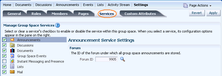 Services subtab Services subtab