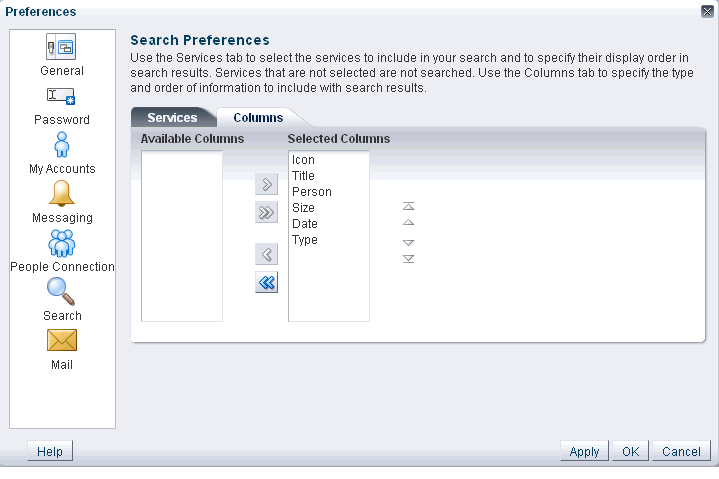 Columns tab in search preferences Columns tab in search preferences