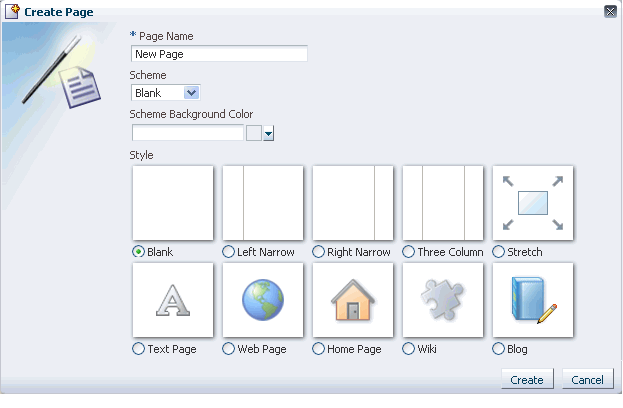 Create Page dialog Create Page dialog