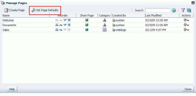 Set Page Defaults in Manage Pages dialog box Set Page Defaults in Manage Pages dialog box