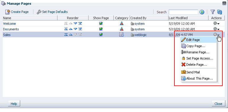 Actions column in Manage Pages dialog box Actions column in Manage Pages dialog box