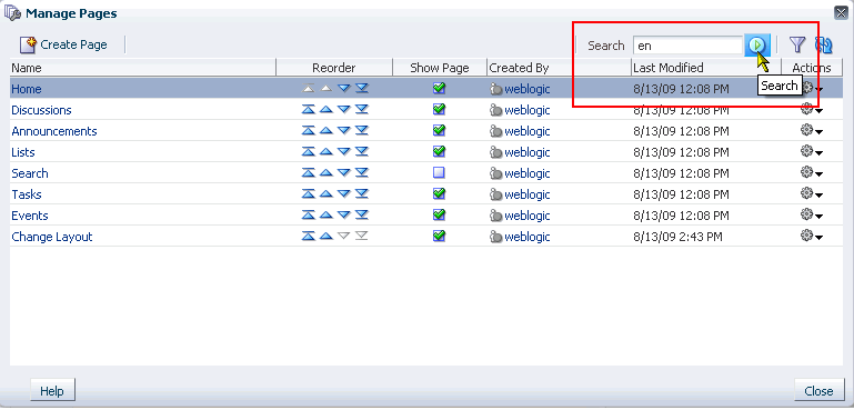 Search field and button in Manage Pages dialog box Search field and button in Manage Pages dialog box