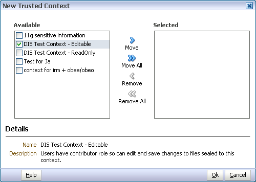 New Trusted Context dialog New Trusted Context dialog