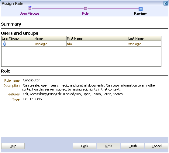 Assign role wizard review Assign role wizard review