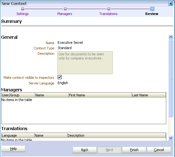 Create context wizard review Create context wizard review