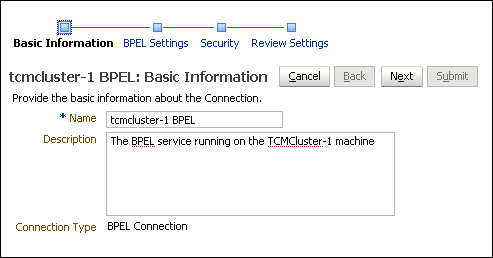BPEL Connection Basic Information page BPEL Connection Basic Information page