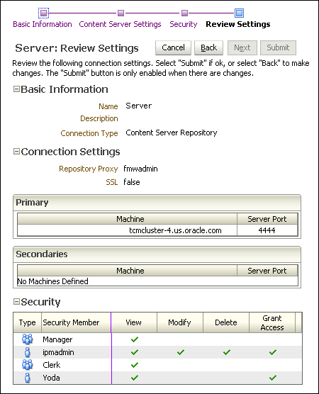 Create Connection Review Settings Page Create Connection Review Settings Page