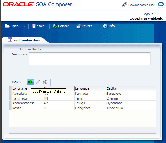 Highlighted Add Domain Values icon in SOA Workspace Highlighted Add Domain Values icon in SOA Workspace