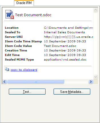 Oracle IRM properties tab Oracle IRM properties tab