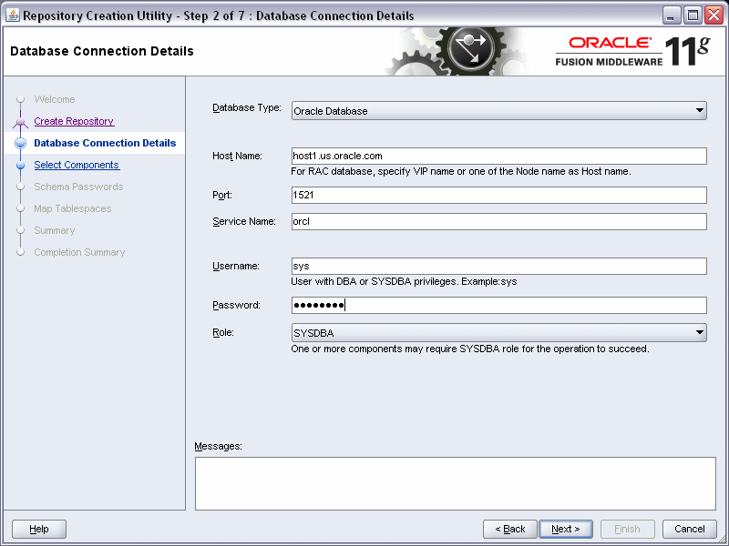 rcu database connection details screen rcu database connection details screen