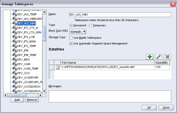 maange tablespaces screen maange tablespaces screen