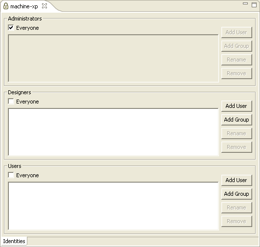 The Administration editor, used to change user permissions. The Administration editor, used to change user permissions.
