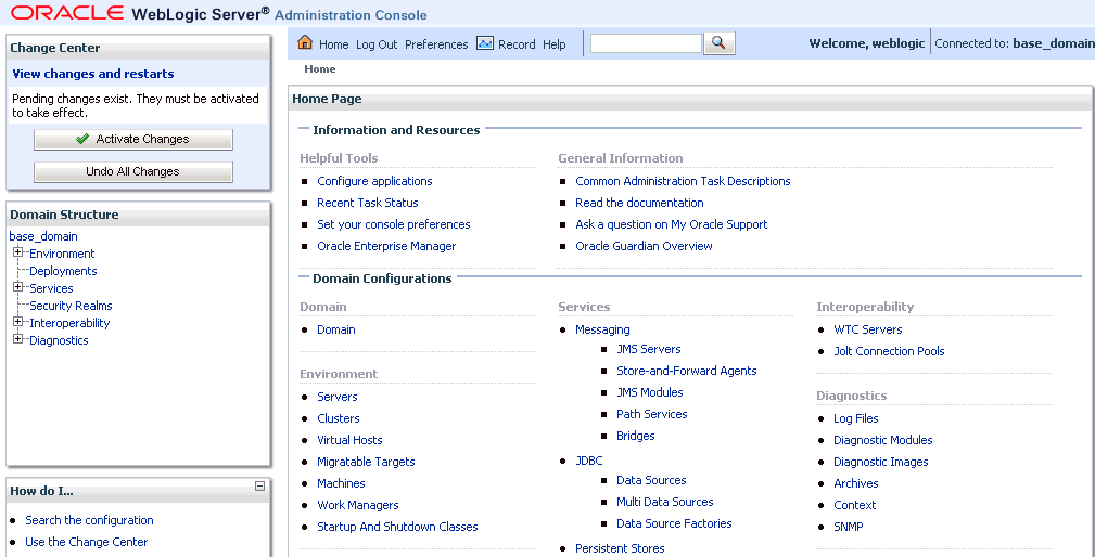 Oracle WebLogic Server Administration Console home page Oracle WebLogic Server Administration Console home page
