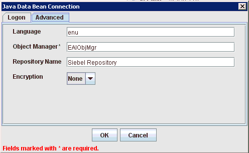 Java Data Bean Connection dialog Java Data Bean Connection dialog