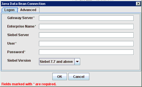 Java Data Bean Connection dialog Java Data Bean Connection dialog