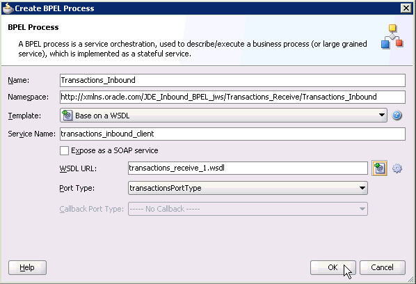 Create BPEL Process dialog box Create BPEL Process dialog box