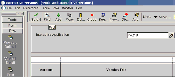 Interactive Versions window Interactive Versions window