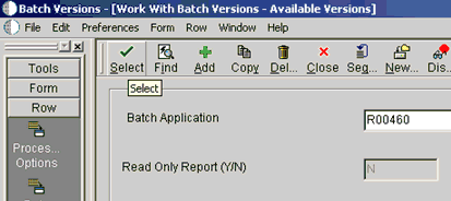 Work With Batch Versions - Available Versions window Work With Batch Versions - Available Versions window