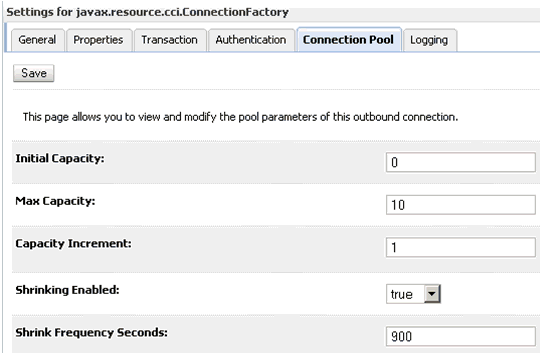Connection Pool tab Connection Pool tab