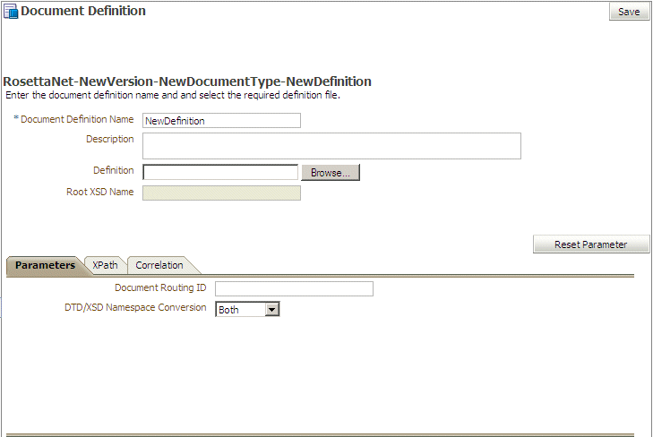 Parameters for a RosettaNet document Parameters for a RosettaNet document
