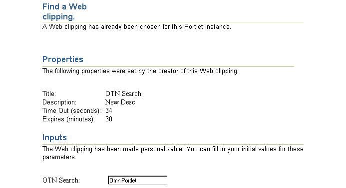 Parameter input fields on the Find a Web clipping page Parameter input fields on the Find a Web clipping page