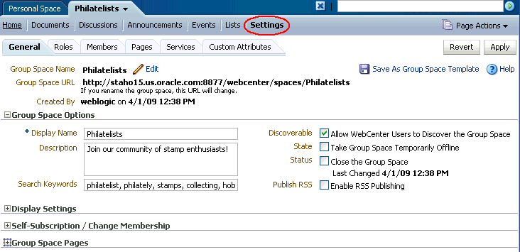 Group Space Settings Tab and Pages Group Space Settings Tab and Pages
