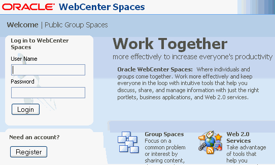 Public Group Spaces link on Welcome page Public Group Spaces link on Welcome page