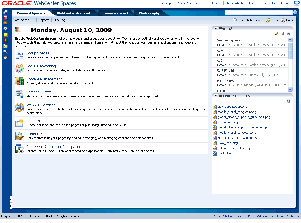 A personal space in a WebCenter Space application