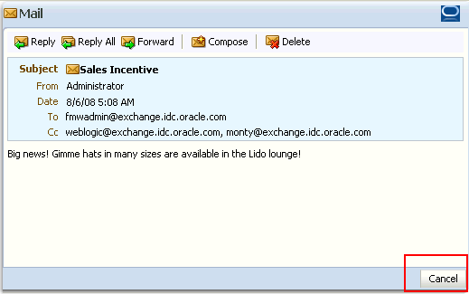 Close button on a mail message Close button on a mail message