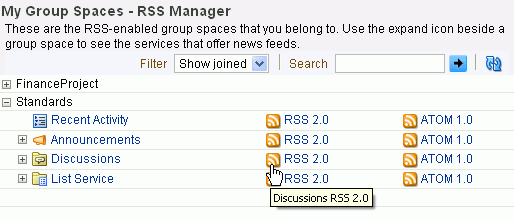 RSS and Atom icons next to a Discussions node RSS and Atom icons next to a Discussions node
