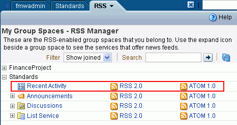 Recent Activity service in the RSS Manager Recent Activity service in the RSS Manager