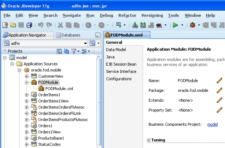 ADF Mobile project and its contents