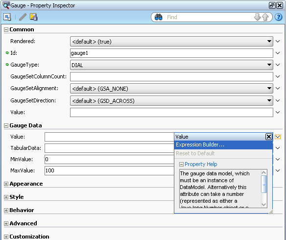 gauge component attribute field dropdown list