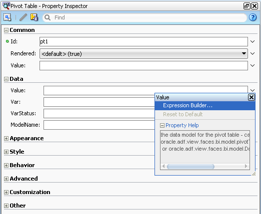 Pivot table value attribute dropdown menu