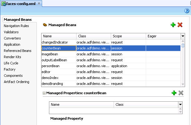 The JSF Configuration Editor shows all the managed beans
