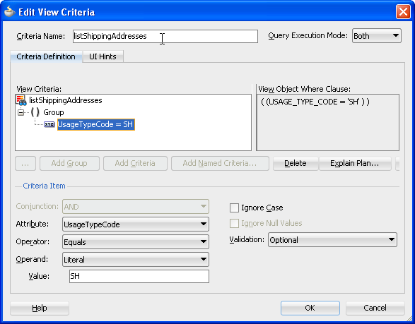 View Criteria Editor Control Hints tab