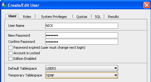 User tab. Entries are explained after the illustration.
