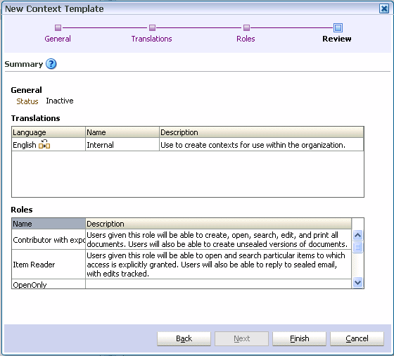 New Context Template wizard review New Context Template wizard review