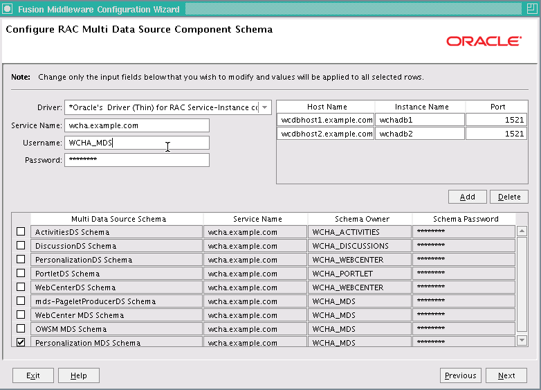 Configure RAC Multi Data Source Component Schema screen Configure RAC Multi Data Source Component Schema screen